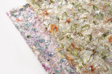 A dense, painterly floral sequin and thread embroidery fabric in a warm palette of greens and oranges.
    A dense, painterly floral sequin and thread embroidery fabric in a cool palette of purples and blues.