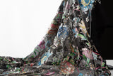 A multi-color floral sequin embroidery fabric on a black mesh base.