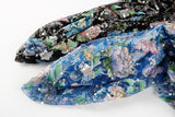 A multi-color floral sequin embroidery fabric on a black mesh base.
  A multi-color floral sequin embroidery fabric on a sapphire blue mesh base.