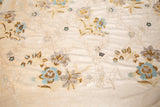A sequin floral embroidery fabric on a cream velvet base, with blue and gold motifs.

