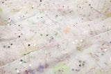 A 3D ruched embroidery fabric with a soft texture, in a palette of mint green, lilac, and pink.
