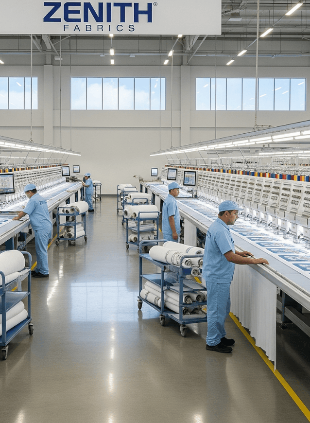An overview of the modern Zenith Fabrics factory, showing multiple advanced embroidery machines in operation within a clean, large-scale production environment.