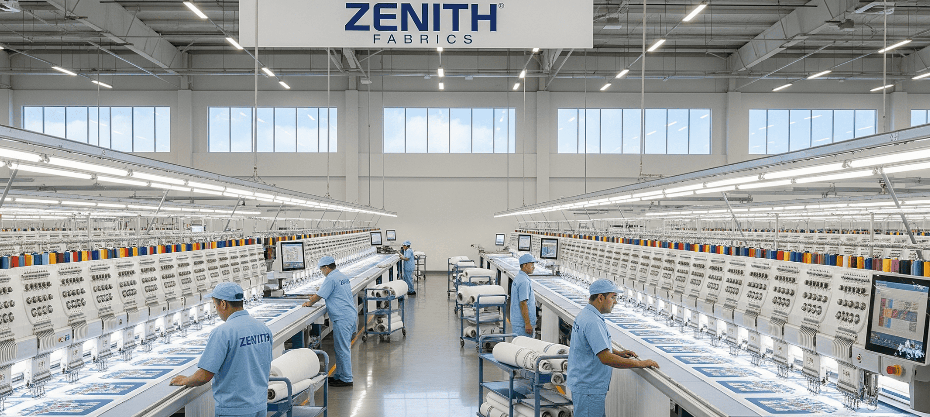 An overview of the modern Zenith Fabrics factory, showing multiple advanced embroidery machines in operation within a clean, large-scale production environment.