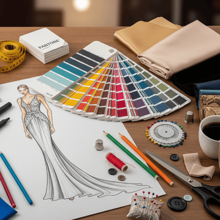 A designer's worktable showing a fashion sketch of a gown, fabric swatches, and a Pantone guide, representing the custom-made fabric process