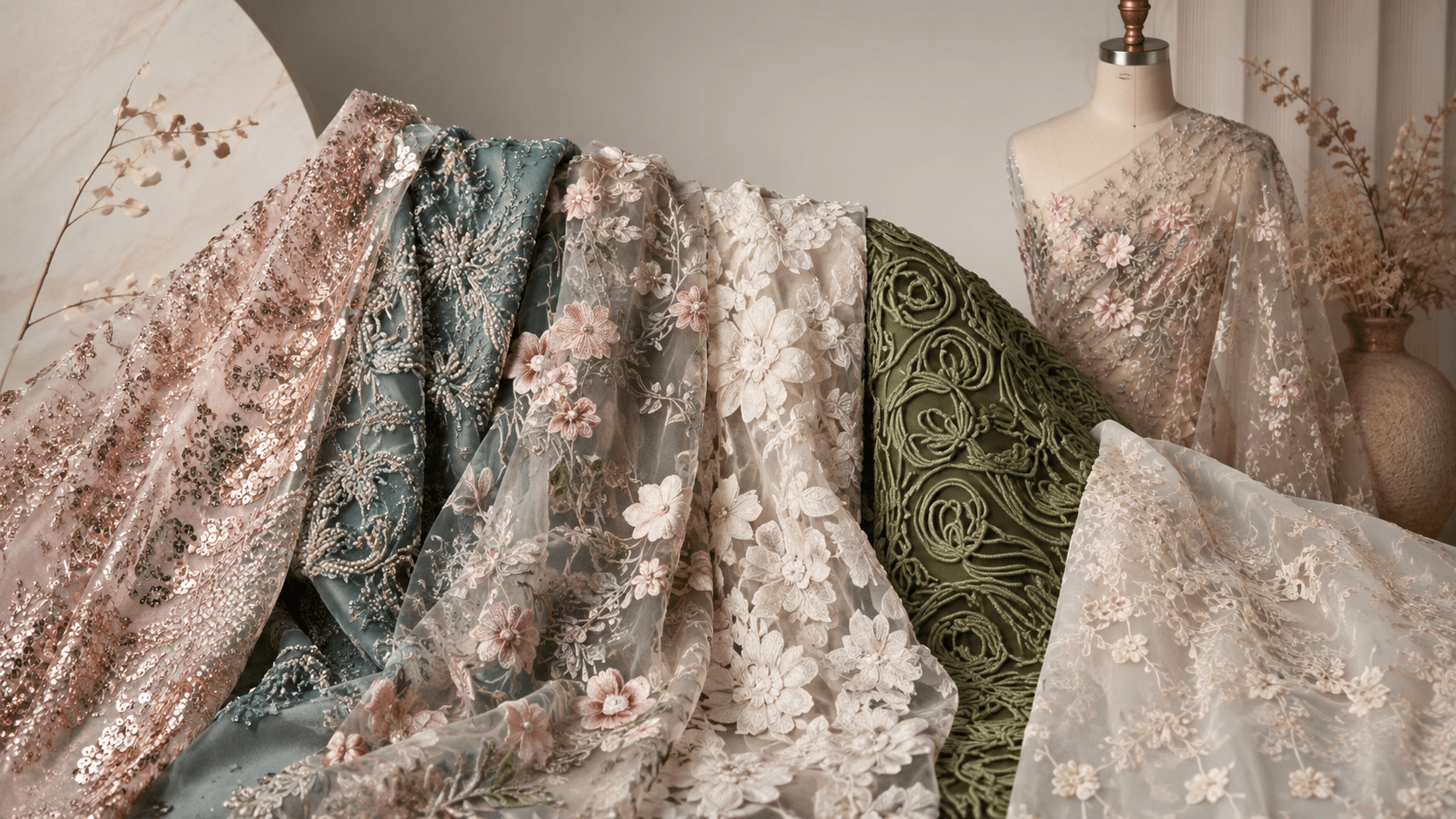 Luxury embroidery fabric display featuring sequin embroidery, beaded embroidery, floral mesh embroidery, cord embroidery, and embroidered garment application for modern fashion textiles.