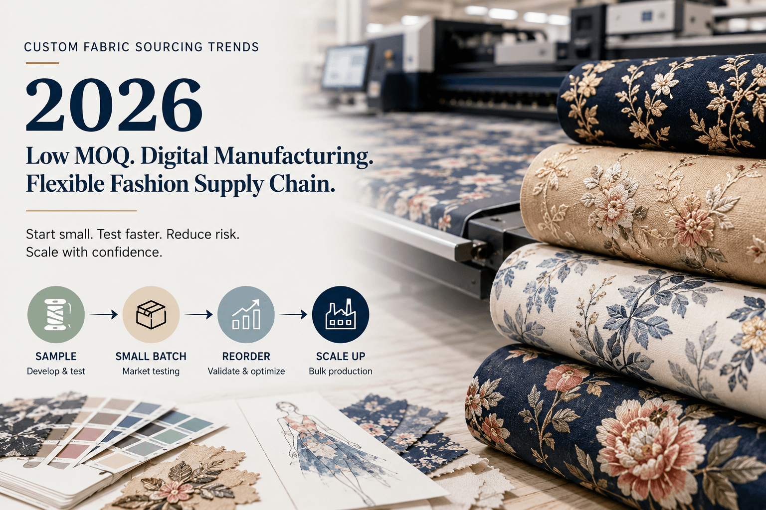 Custom fabric sourcing trends 2026 showing low MOQ digital manufacturing and flexible fashion supply chain