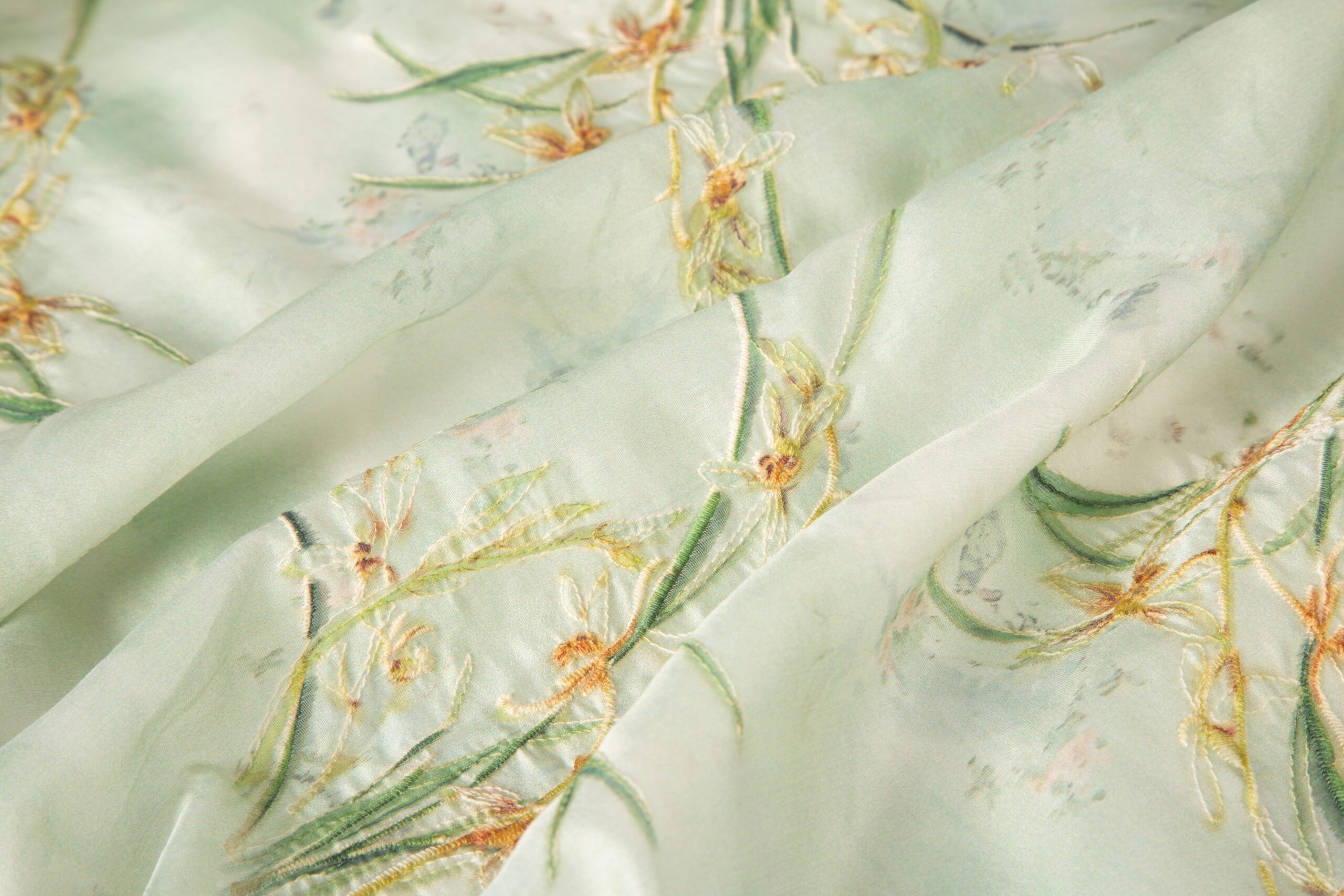Flat embroidery pattern detail on custom apparel fabric