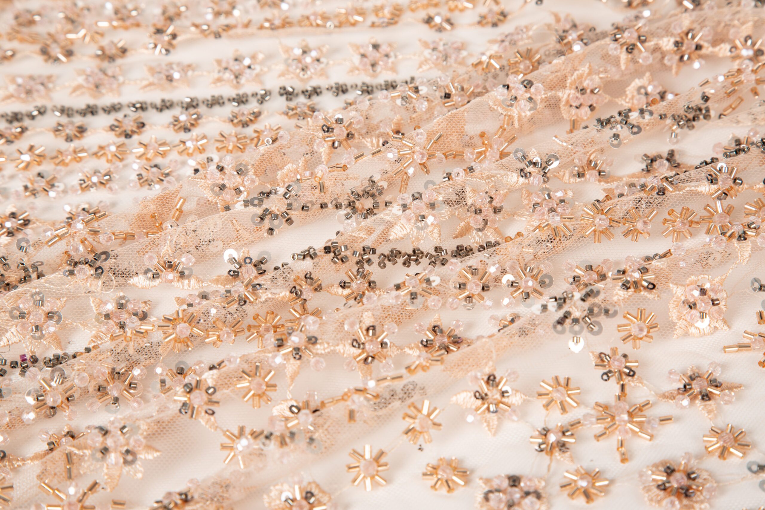 High-density structural beadwork and sequins arranged in linear geometric patterns, showcasing secure thread-locking technology for heavy garment manufacturing.