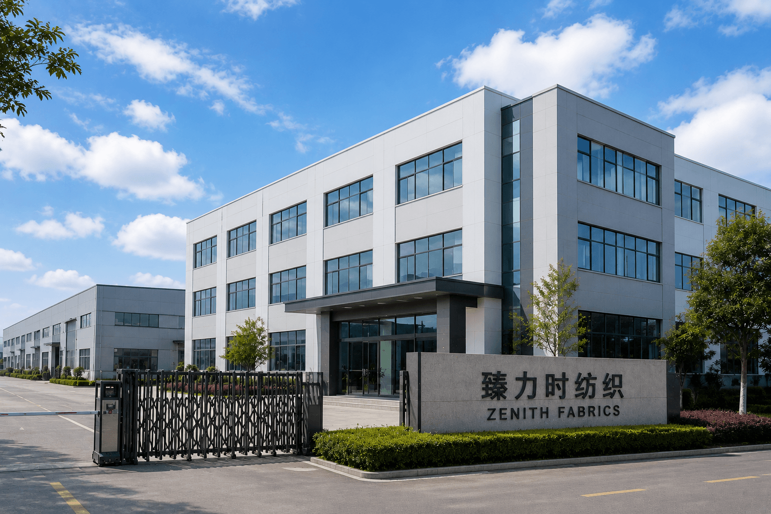 Exterior view of Zenithfabrics in Keqiao China, a custom premium fabric manufacturer offering embroidery, jacquard weaving, and digital fabric printing services.