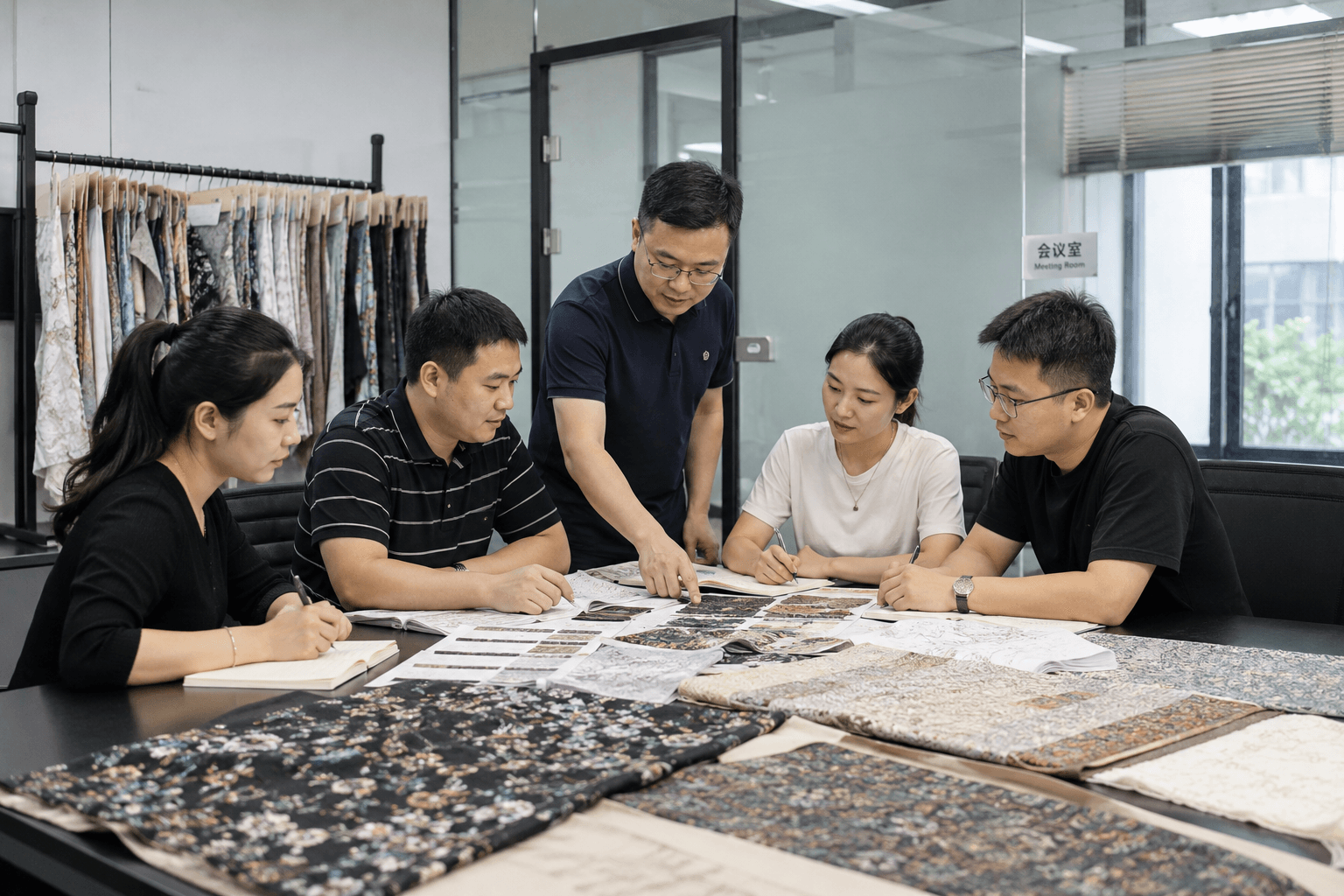 Professional custom fabric development team at Zenithfabrics assisting clients with embroidery, jacquard weaving, digital printing, and production planning.