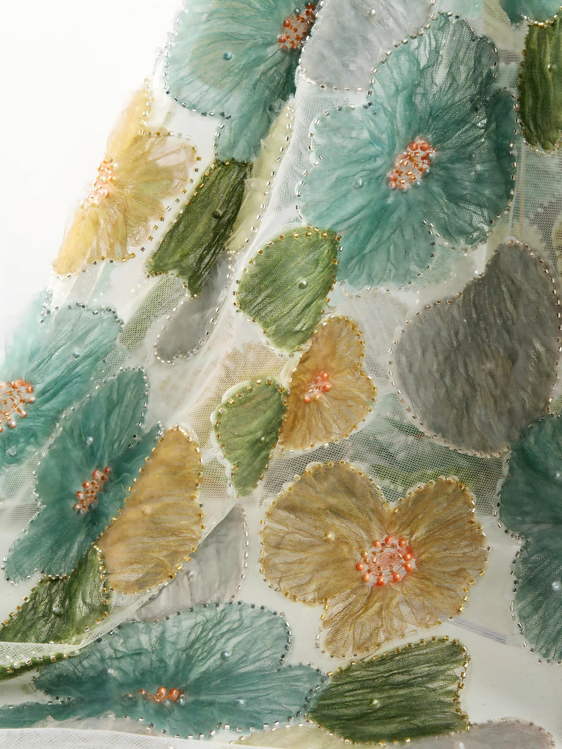 Luxury 3D Tape Embroidery Fabric with Organza Floral Design Custom 3D tape embroidery fabric with organza flower embroidery, bead embellishments, and dimensional couture detailing for bridal, eveningwear, and luxury fashion applications.