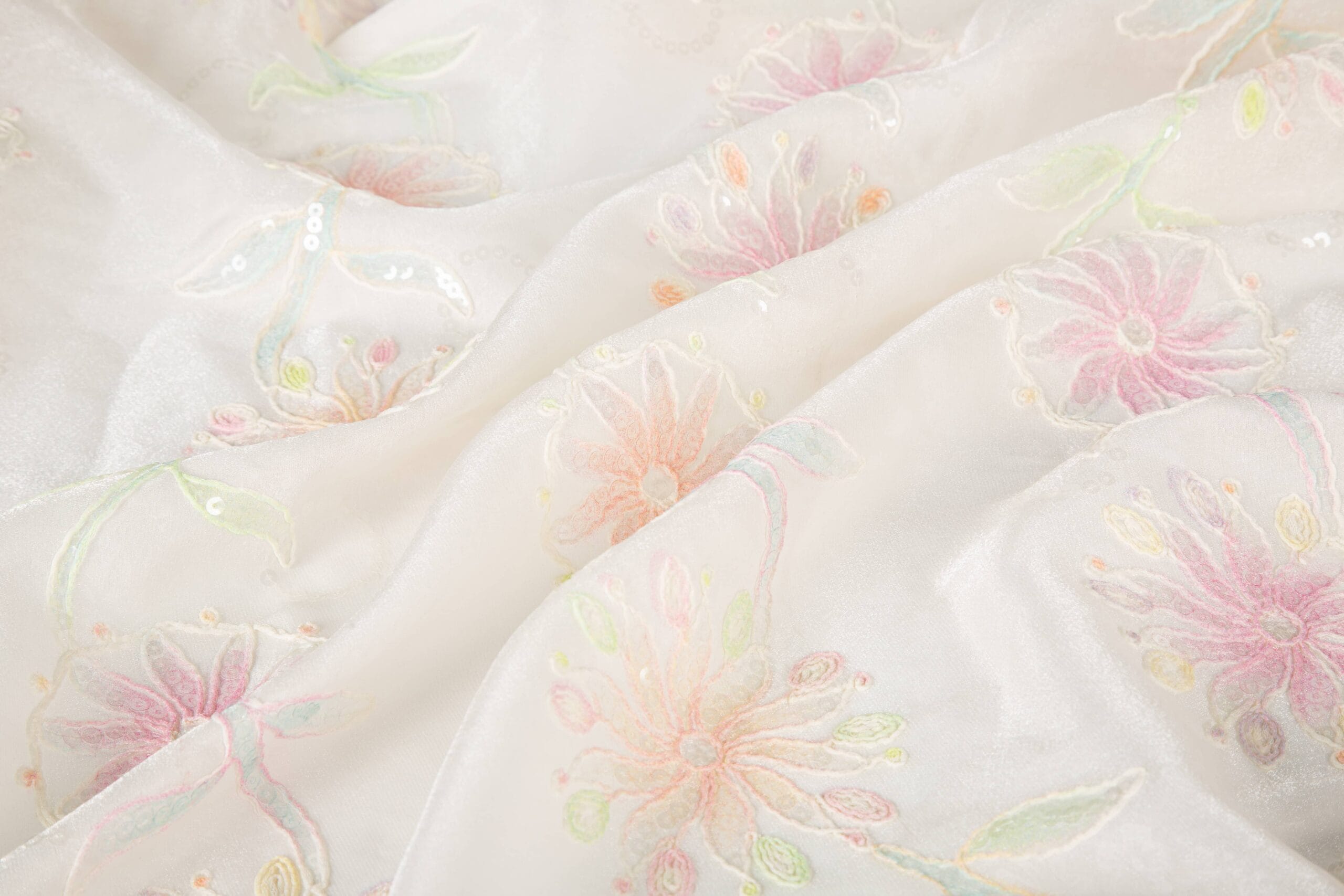 Cord and Sequin Embroidery Fabric Cord and sequin embroidery fabric featuring raised cordwork, sparkling sequins, and decorative floral patterns for eveningwear and fashion garments