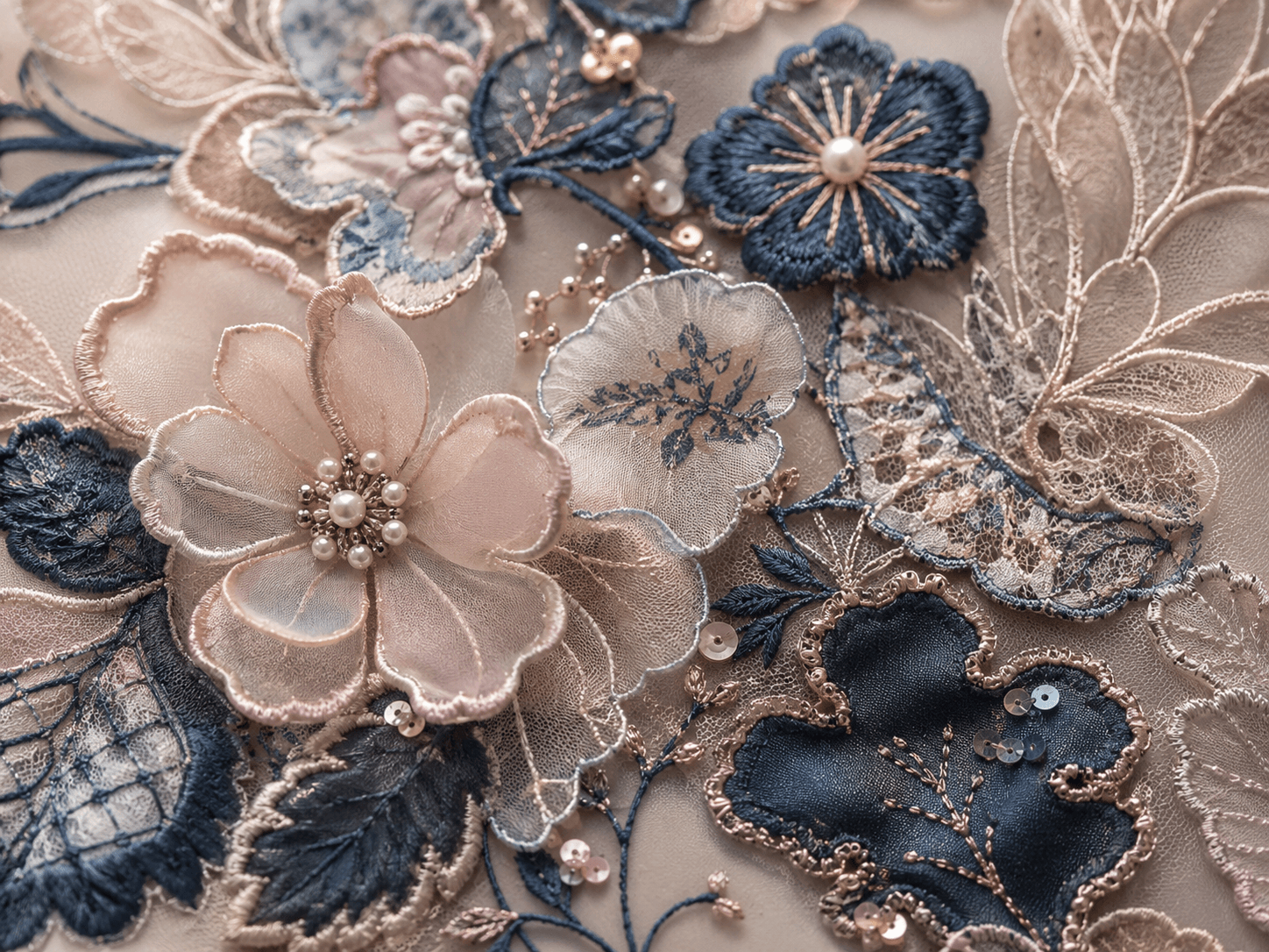 Layered Applique Embroidery Fabric Details Illustration of applique embroidery fabric showing layered fabric pieces, stitched edges, and dimensional floral surface effects