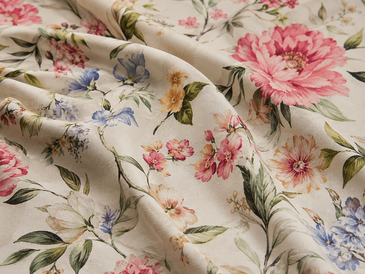 Reactive Digital Printing on Floral Apparel Fabric Close-up of floral reactive digital printing on soft apparel fabric, showing clear pattern detail, smooth color transitions, and a refined surface suitable for cotton, viscose, and other natural-fiber fashion textiles.