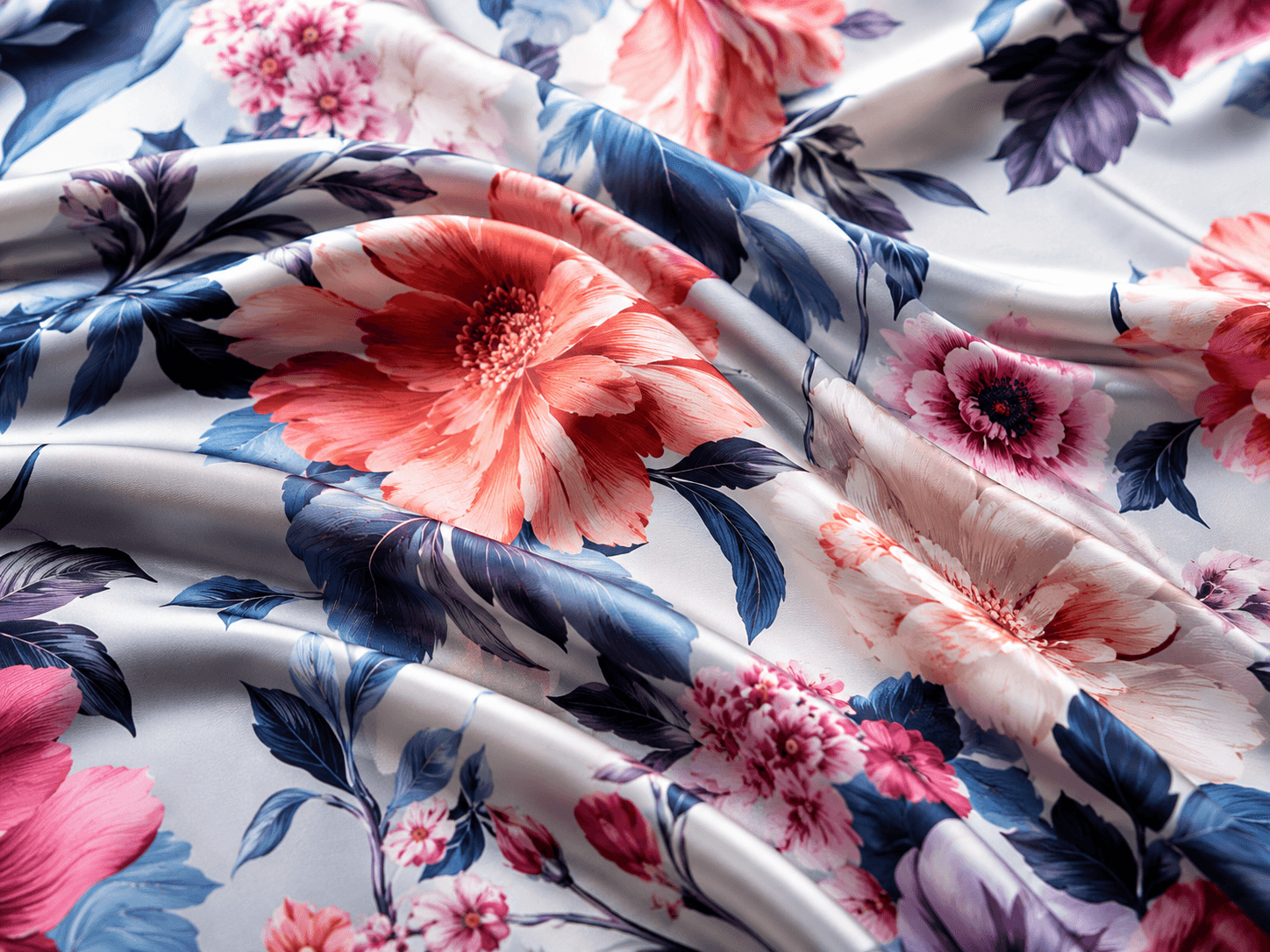 Disperse Digital Printing on Polyester Satin Fabric Close-up of disperse digital printing on smooth polyester satin fabric, showing vivid floral colors, sharp print definition, and lightweight drape for fashion apparel applications.