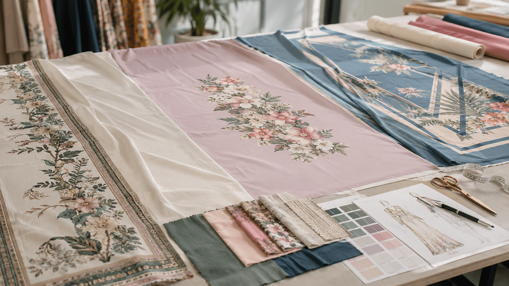 Engineered print fabric layout showing floral border prints, placed motifs, scarf-style artwork, color swatches, and fashion design sketches for custom printed fabric development.