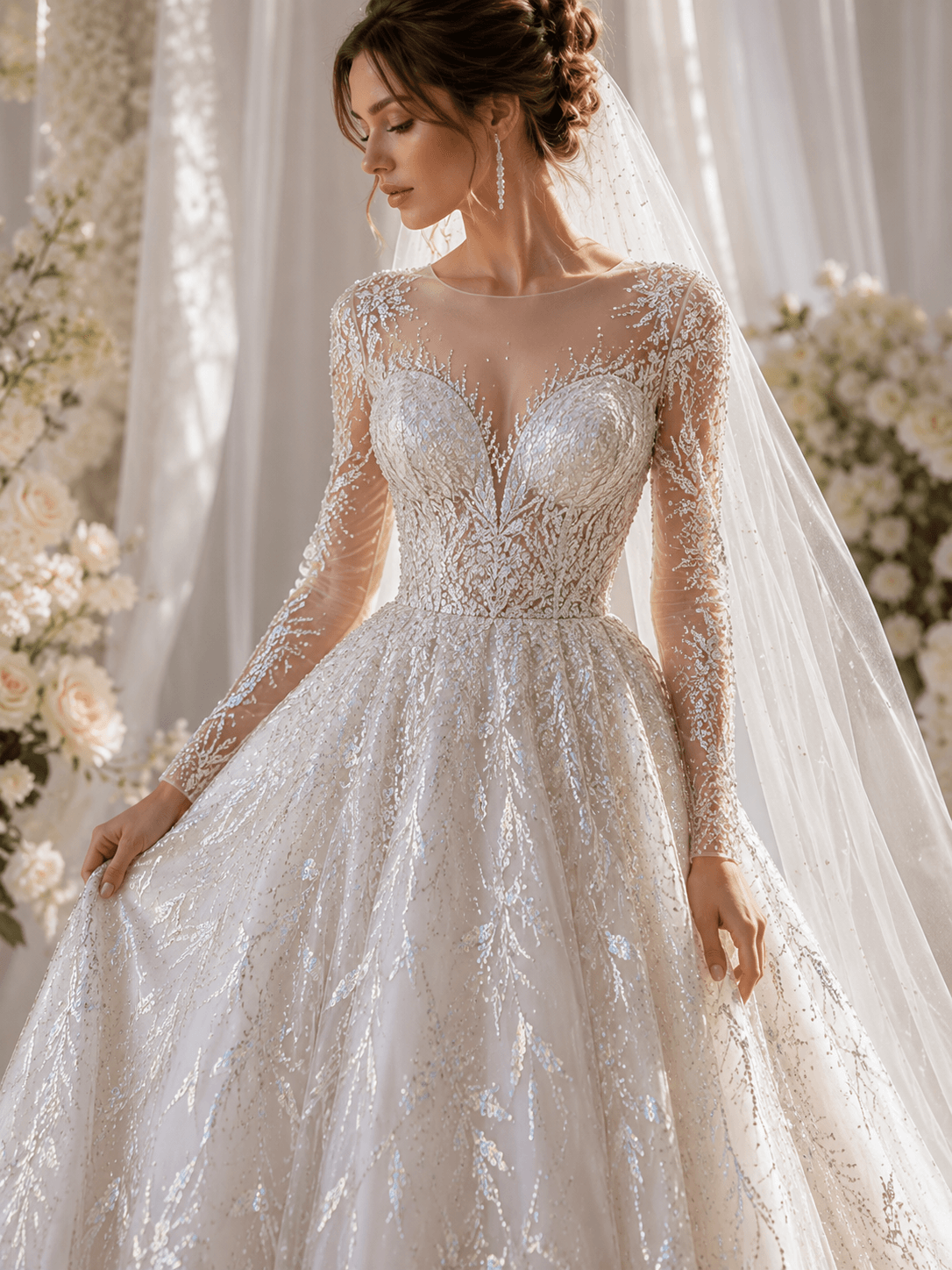 Sequin fabric for wedding dress – bridal sequin embroidery on tulle for wedding gowns and veils