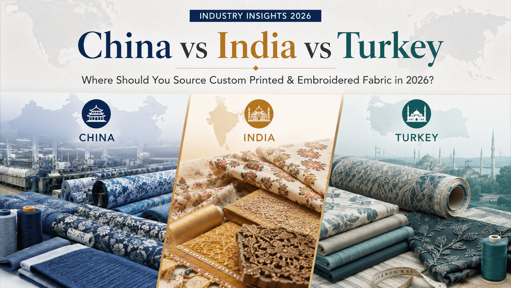 China vs India vs Turkey Fabric Sourcing Comparison 2026 China vs India vs Turkey fabric sourcing comparison for custom printed and embroidered fabrics in 2026 Caption: Industry insights featured image comparing China, India, and Turkey as sourcing bases for custom printed, embroidered, and textile development projects in 2026.