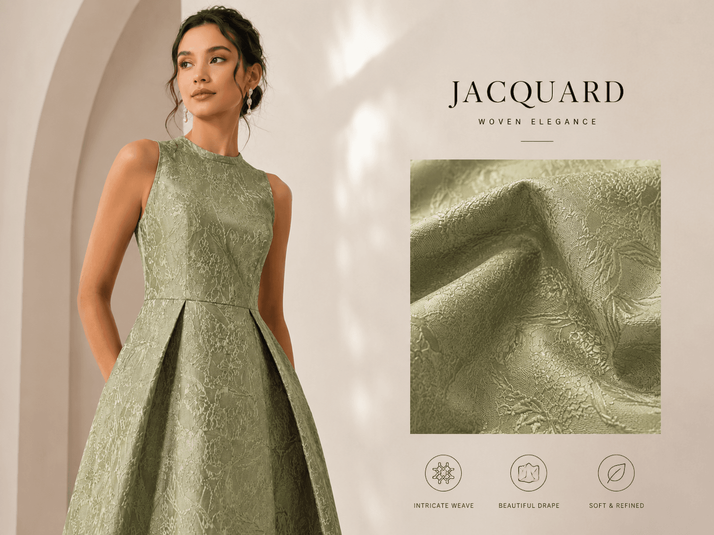 Fashion design moodboard featuring jacquard fabric swatches, woven floral textiles, garment sketches, and apparel application references for custom fashion fabric development.